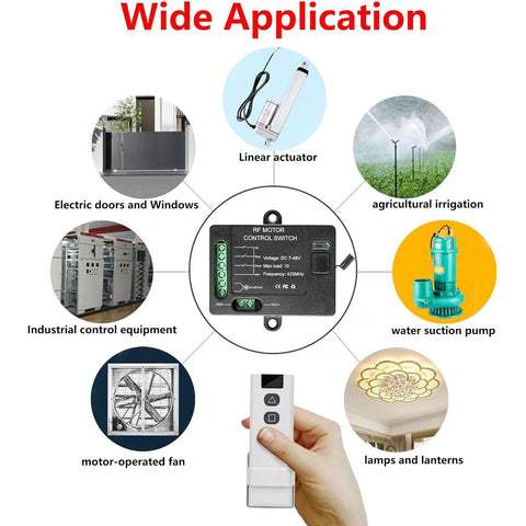 Forward/reverse remote switch for DC motors with RF control, 7–48V, 10A, 328 ft range, Amazon