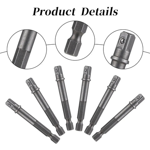 Six Pack 1/4 Inch Square Socket Adapters For Drill And Impact Driver Go To Power Bit Set For Automotive DIY Hex Shank Silver Durable Steel Construction For Tough Jobs, six adapters shown