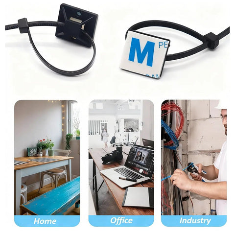 50 Piece Adhesive Zip Tie Mount Kit For No Fuss Wire Management With Six Inch Ties in home and office settings