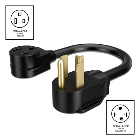 1.5 Foot Welder Adapter Cord 4 Prong NEMA 14-30P to 6-50R 240V Heavy Duty STW 10AWG 3C with right-angle plugs shown