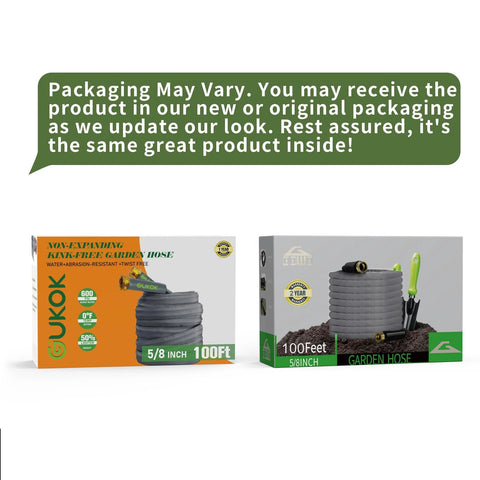 Two GUKOK garden hose boxes, 5/8 inch, 100 ft each; orange left box and gray right box.