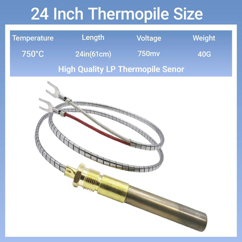 24-inch thermopile sensor with brass probe and braided metal cable, red and white leads