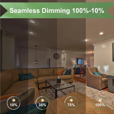 Living room with dimmable track lighting showing different brightness levels using GU10 120V 50W Halogen Light Bulbs Pack Of 6.