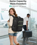 Woman wearing Underseat Carry On Travel Backpack With Removable Shoe Compartment For Mess Free Packing TSA Approved Waterproof Fits 17.3 Inch Laptop 18 By 14 By 8 Inches Black at airport