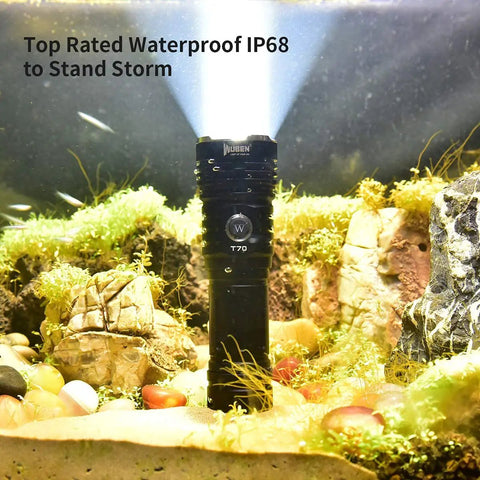 T70 Rechargeable Flashlight With 4200 Lumens in wet environment showcasing IP68 waterproof feature