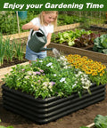Tool Free Raised Garden Bed Kit 3x3x1ft in black with flowers and herbs, child watering plants, outdoors garden scene