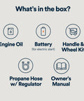 Contents of Tri Fuel Portable Generator box: engine oil, battery for electric start, handle and wheel kit, propane hose, manual.