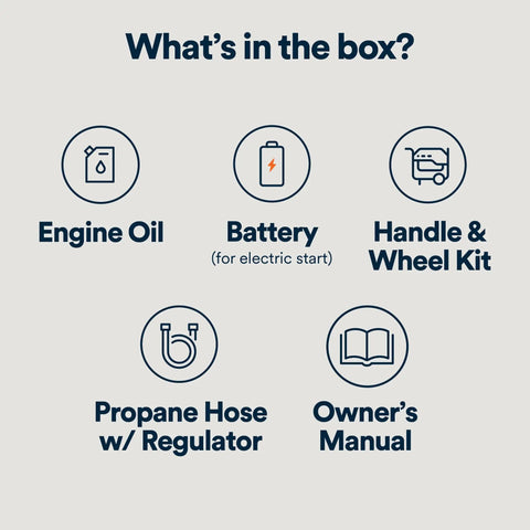 Contents of Tri Fuel Portable Generator box: engine oil, battery for electric start, handle and wheel kit, propane hose, manual.