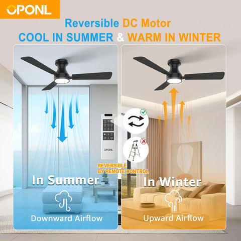 42 Inch Black Ceiling Fan With Light And Remote Control Noiseless Reversible Motor shown in summer and winter modes