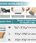 Image showing 3 sizes of Square Silicone Felt Chair Leg Protectors for 19-47 mm square legs with application scope.