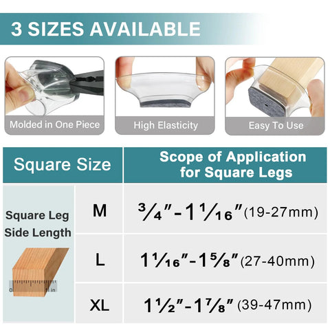 Image showing 3 sizes of Square Silicone Felt Chair Leg Protectors for 19-47 mm square legs with application scope.