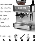 Pro Grade Dual Boiler Espresso Machine With Built In Grinder, 20 Bar Pressure, 30 Custom Settings, Smart LCD Screen, Large Tank For Zero Hassle Brewing And Top Shelf Shots Daily showing accessories and features.