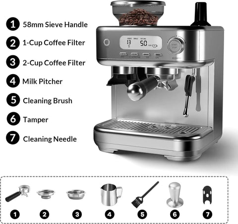 Pro Grade Dual Boiler Espresso Machine With Built In Grinder, 20 Bar Pressure, 30 Custom Settings, Smart LCD Screen, Large Tank For Zero Hassle Brewing And Top Shelf Shots Daily showing accessories and features.