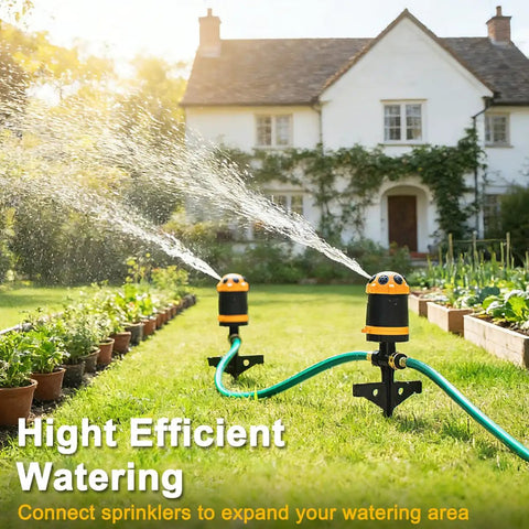 Gear Drive Lawn Sprinkler With Metal Spike Base 6 Pattern Heavy Duty Water Sprinkler System For Large Yards in use on lawn.