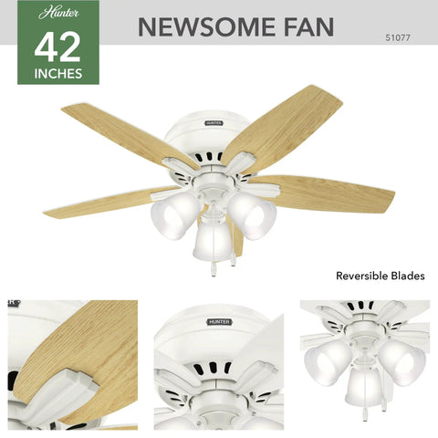 42 Inch Newsome Premier Bronze Low Profile Ceiling Fan With LED Light Kit and pull chain, modern white finish and reversible blades.