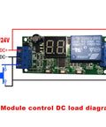 Plug And Play Digital LED Display Delay Timer Relay Module diagram for DC 5V 12V 24V systems showing wiring connections
