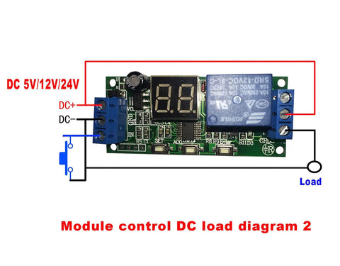 Plug And Play Digital LED Display Delay Timer Relay Module diagram for DC 5V 12V 24V systems showing wiring connections