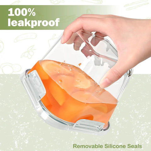 Hand holding a leakproof 32 Oz Borosilicate Glass Food Storage Container With Lid Pack Of 4 with fruit inside, demonstrating seal quality.