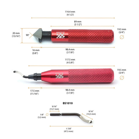 Image showing measurements of a Heavy Duty Deburring Tool With Countersink Hand Reamer And 11 HRC64 Blades for various materials.