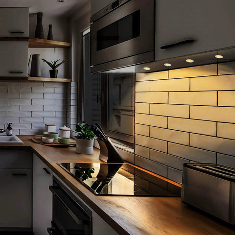 Modern kitchen with LED Microwave Light Bulb For Stovetop And Range Hood Replacement 40W Incandescent Equivalent E17 Base 3W 360lm Dimmable Warm White 3000K