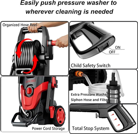 Heavy Duty Beast 4800 PSI Pressure Washer with Hose Reel, Child Safety Switch, and Soap Tank in Red for Home Cleaning