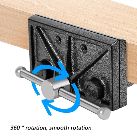 Heavy Duty Woodworker Vice Bench Clamp With Smooth Gliding Rails For Precise Clamping Tasks And Rock Solid Desktop Workbench Holding Power with 360-degree rotation feature.