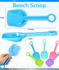 24 Pack Beach Shovels For Kids, 7 Point 7 Inch Plastic Sand Scoops In Bright 5 Colors displayed with measurements