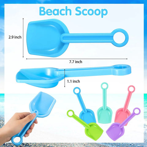 24 Pack Beach Shovels For Kids, 7 Point 7 Inch Plastic Sand Scoops In Bright 5 Colors displayed with measurements