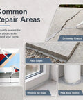 Heavy Duty Concrete Crack Filler and Hefty Sealing Bond with Squeeze Pouch and Precision Fill Tip to Crush Cracks in Driveway Patio Sidewalk and Foundation Gaps with Zero Mess Cement Repair Fix displayed in common repair areas.