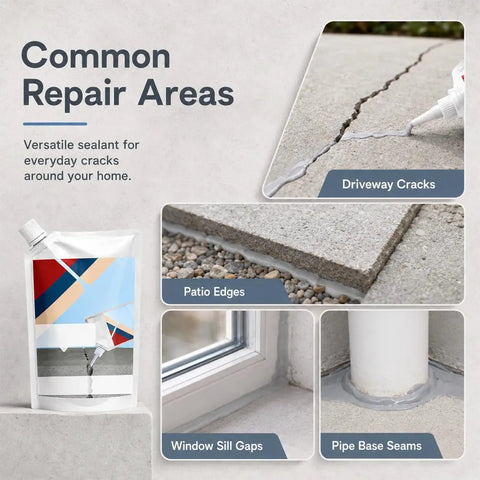 Heavy Duty Concrete Crack Filler and Hefty Sealing Bond with Squeeze Pouch and Precision Fill Tip to Crush Cracks in Driveway Patio Sidewalk and Foundation Gaps with Zero Mess Cement Repair Fix displayed in common repair areas.