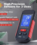 EMF Meter 3 In 1 Electric Field Magnetic Field And Temperature Tester With Large LCD Rechargeable EMF Detector on tabletop
