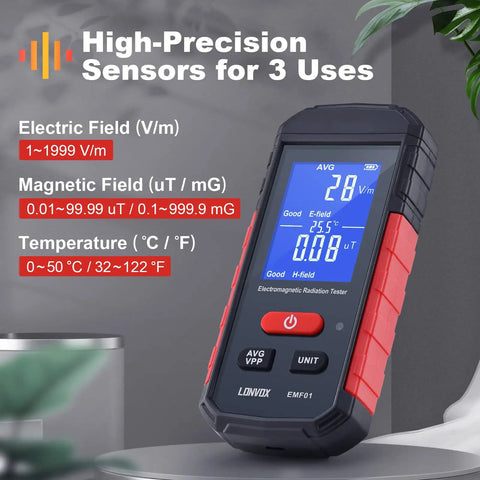 EMF Meter 3 In 1 Electric Field Magnetic Field And Temperature Tester With Large LCD Rechargeable EMF Detector on tabletop