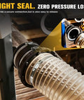 Heavy Duty Magnetic Dust Collection Fittings For 4 Inch Woodwork Shop Vacuums One To Multi System With High Strength Mag Connector Receiver and Rubber Flex Cuff Coupler Solid Grip attached to a shop vacuum hose.
