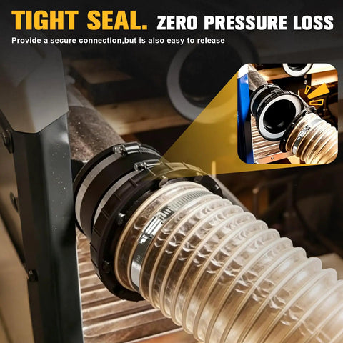 Heavy Duty Magnetic Dust Collection Fittings For 4 Inch Woodwork Shop Vacuums One To Multi System With High Strength Mag Connector Receiver and Rubber Flex Cuff Coupler Solid Grip attached to a shop vacuum hose.