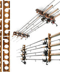Holds Up To 12 Fishing Rods, Wall Or Ceiling Mounted Rod Rack For Garage Storage, shown holding rods on hardwood rack.