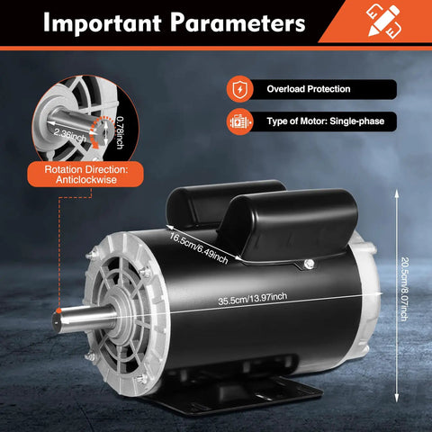 Heavy Duty 5HP Electric Air Compressor Motor With 2.36 Inch Shaft Length And 7/8 Inch Bore Featuring Single Phase 208-230V Power 3450RPM Speed Steel Casing For Industrial Pumping Applications