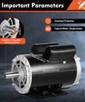 Heavy Duty 5Hp Single Phase Compressor Motor Revving At 3450Rpm With Dual Run Capacitors For 208 To 230V Line, showing parameter details.