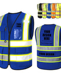 Custom Printed High Visibility Safety Vest With Reflective Tape For Contractors And Crews Featuring Zippered Front Design With Ample Storage Pockets And Branded Badass Workwear For Site Ready Teams in blue with reflective tape.