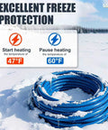 Blue 50ft heated RV water hose with thermostat, 1/2in inner diameter, self-regulating, coiled in snow.