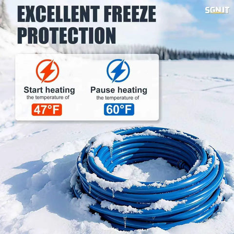 Blue 50ft heated RV water hose with thermostat, 1/2in inner diameter, self-regulating, coiled in snow.