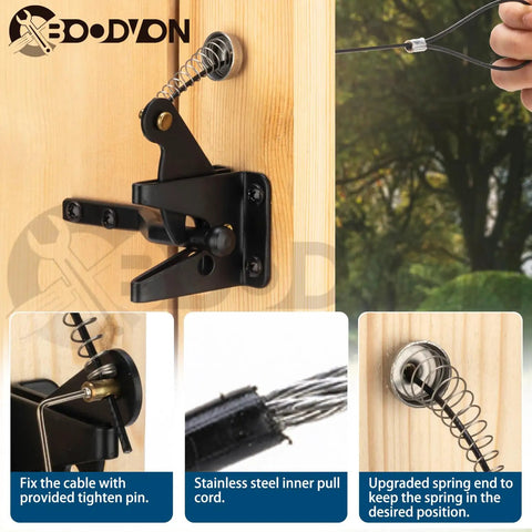 Built Tight Smooth Pull Adjustable Gate Latch Cord With Spring, Heavy Duty Stainless Steel Safety Cable Opener For Two To Six Inch Wood Or Vinyl Fencing, Storm Ready Outdoor Helper mounted on wood post with stainless steel pull cord.