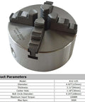 Close-up view of a K12-125 four-jaw lathe chuck, 125mm diameter, metal CNC lathe chuck for WM210V lathe.