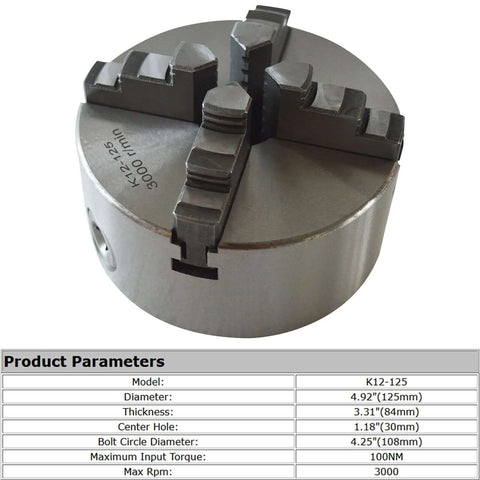Close-up view of a K12-125 four-jaw lathe chuck, 125mm diameter, metal CNC lathe chuck for WM210V lathe.
