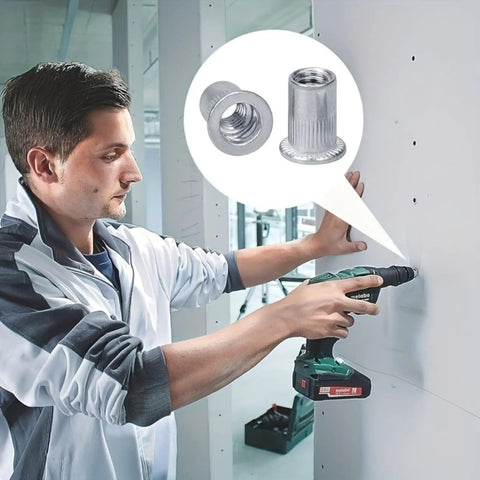 Person using drill for installation with 165 Piece Metric Rivet Nut Kit Aluminum Flat Head Insert Nutsert Assortment