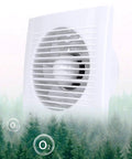 Go To Ultra Thin 4 Inch Exhaust Fan With Check Valve for window or wall mount overlaid on a forest background.