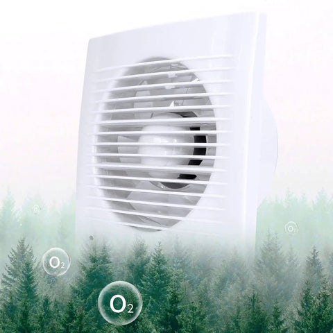 Go To Ultra Thin 4 Inch Exhaust Fan With Check Valve for window or wall mount overlaid on a forest background.