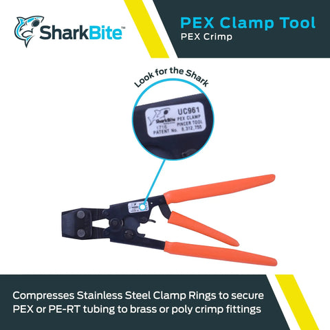 Pro Grade PEX Clamp Tool With Orange 3-Handle Grip For All 3/8 To 1 Inch Stainless Clamp Rings UC961, label detail