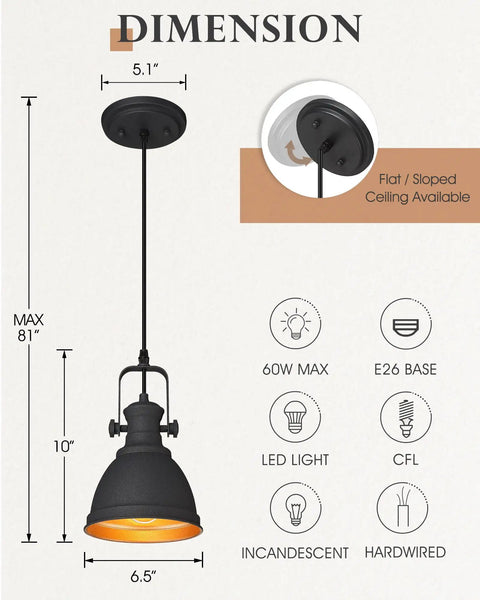Sunrise Inspired Dope Two Tone Matte Black And Orange Gold Pendant Light dimensions and specifications illustration.