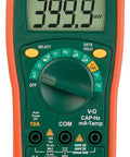 Front view of MiniTec Autoranging Digital Multimeter With 600V AC DC, 10A Current, large display, orange and green design.