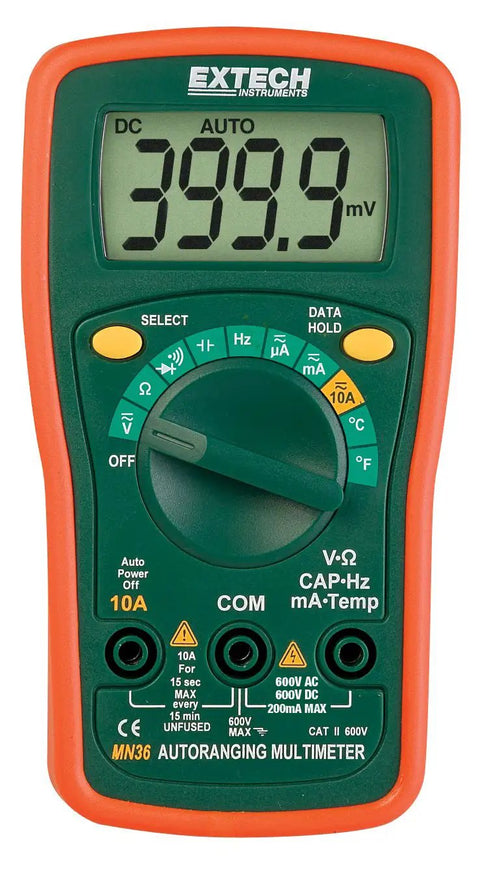 Front view of MiniTec Autoranging Digital Multimeter With 600V AC DC, 10A Current, large display, orange and green design.